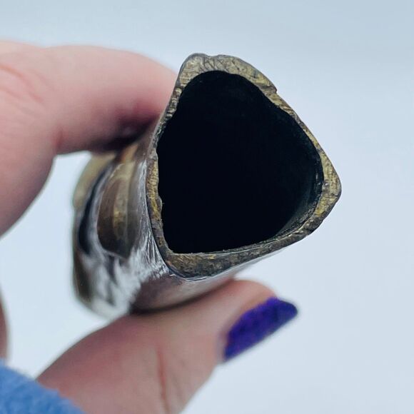 Vintage Slender Brass Bronze Metal Triangular Bud Vase Decor Woman w/ Goose - Picture 4 of 8